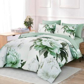 Dobuyly Green Comforter Set King Size 7 Piece Bed in a Bag King, Sage Green Floral Printed Comforter Set with Sheets, Soft Microfiber Botanical Flower Complete Bedding Set for All Season