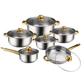 12pcs Stainless Steel Cookware Set, Stainless Steel Pots and Pans Set, Pots and Pans Set with Stock Pot, Frying Pans, Saucepan, 6 Glass Lids, Works with Induction, Electric and Gas Cooktops