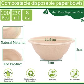 Disposable Small Paper Bowls Brown 7.7oz/220ml Bagasse Compostable Bowls Eco-Friendly Biodegradable Bowls,100Pcs Party Bowls Sugarcane Bowl Dessert Soup Bowl Serving Bowls for Hot/Cold Food,BBQ Picnic