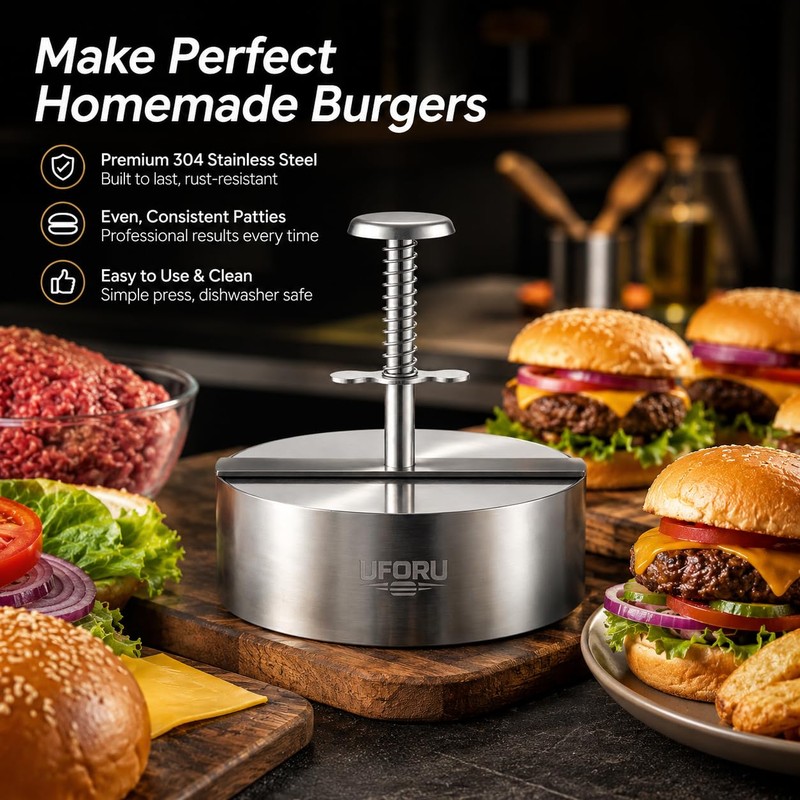 UFORU 4.5 Inch Burger Press,304 Stainless Steel Hamburger Patty Maker,Heavy