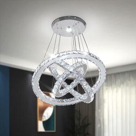 CLAIRDAI Modern Crystal Chandelier LED Chandeliers 3 Ring Pendant Light Adjustable Stainless Steel Ceiling Light Fixture for Dining Room Bedroom Living Room Hallway (6500K Cool White)