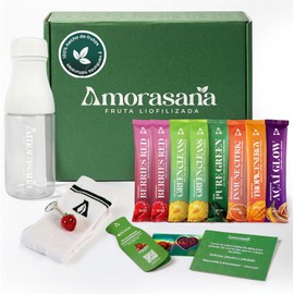 Amorasana Starter Pack Full Mix con Shaker, 8 Sobres de Smoothies Instantáneos de Fruta y Verdura Liofilizada, Green Cleans, Berries Red, Pure Green, Açaí Glow, Tropic Energy e Immune Citric