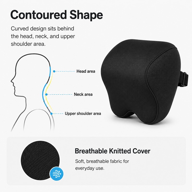 Memory Foam Car Neck Pillow with Adjustable Headrest Strap, Removable