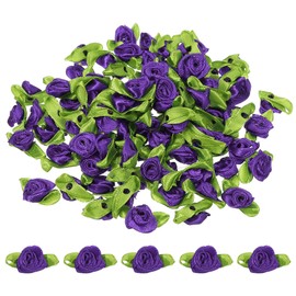 PATIKIL Mini Ribbon Roses, 100 Pcs Tiny Satin Fabric Flowers with Green Leaves Embellishments Rosettes Applique for DIY Crafts Sewing Wedding, Purple