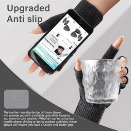 FZ FANTASTIC ZONE Winter Fingerless Gloves for Women Men, Chenille Warm Knit Work Anti-Slip Leather Half Finger Gloves Gifts