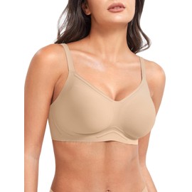 YEOREO Women Push Up No Underwire Bra Full Coverage V Neck Basic Bralette Seamless Everyday Bra, Sand, Large