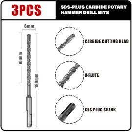 SDS Plus Drill Bit Set 8 x 160 mm, 3-Piece Masonry Drill Bit Set, Professional Concrete Drill, Hammer Drill with 4 Carbide Cutts, Masonry Drill, Concrete Drill, Ideal for Drilling in Stone, Concrete