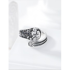 Flpruy Spoon Rings for Women 925 Sterling Silver Vintage Oxidized Fidget Ring Adjustable Thumb Rings Boho Open Statement Rings Jewellery Gifts, Sterling Silver, No Gemstone