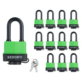 SEDORTI Colored Waterproof Padlocks, Heavy Duty Laminated Steel Lock with Green Plastic Covered, Keyed Alike Outdoor Locks, Can Be Used as Lockout Tagout Lock, Long Padlocks, Pack of 12