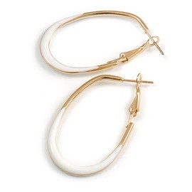 40mm Tall/Gold Tone with White Enamel Oval Hoop Earrings/Medium Size