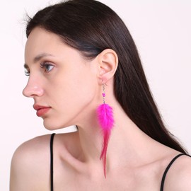 RUOFFETA Long Feather Earrings for Women, Boho Bohemian Earrings Multicolor Tassel Handmade Feather Earrings for Women Dangling(M-Hot Pink)