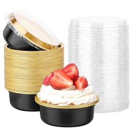 Beasea Disposable Ramekins with Lids, 50 Pack 8.8oz 260ml 4 Inch Disposable Aluminum Foil Cups Round Cupcake Mini Pudding Baking Cups for Party - Black Gold