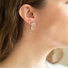 Materia #SO-195 2-in-1 Cat Stud Earrings Rhodium-Plated 925 Silver Women's Children's Earrings Long Animal with Movable Body, Sterling Silver, No Gemstone