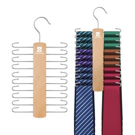 ZEDODIER 2 Pack Wooden Tie Rack, Tie Hanger for Men Closet, 40 Storage Capacity, Non-Slip Rotatable Tie Organizer, Hanging Space Saving Holder, Natural
