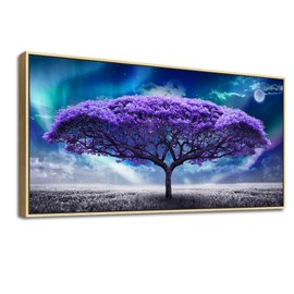 Natural Wood Framed Canvas Wall Art For Living Room Large Size Wall Decor For Bedroom Office Decor Abstract Wall Painting Purple Tree Scenery Wall Pictures Artwork Dormitory Home Decor 20" X 40"