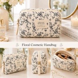 Cosmetic Bag Organizer Travel, Compact Lightweight Accessory for Travel and Daily Use - COSMERIA Black White Floral Quilted
