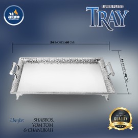 Silver Plated Menorah Tray with Handles - 24 Inch x 16 Inch - for Shabbos, Yom Tov, Hanukkah Drip Tray - Large Rectangle Silver Tray with Mirrored Surface - Ner Mitzvah