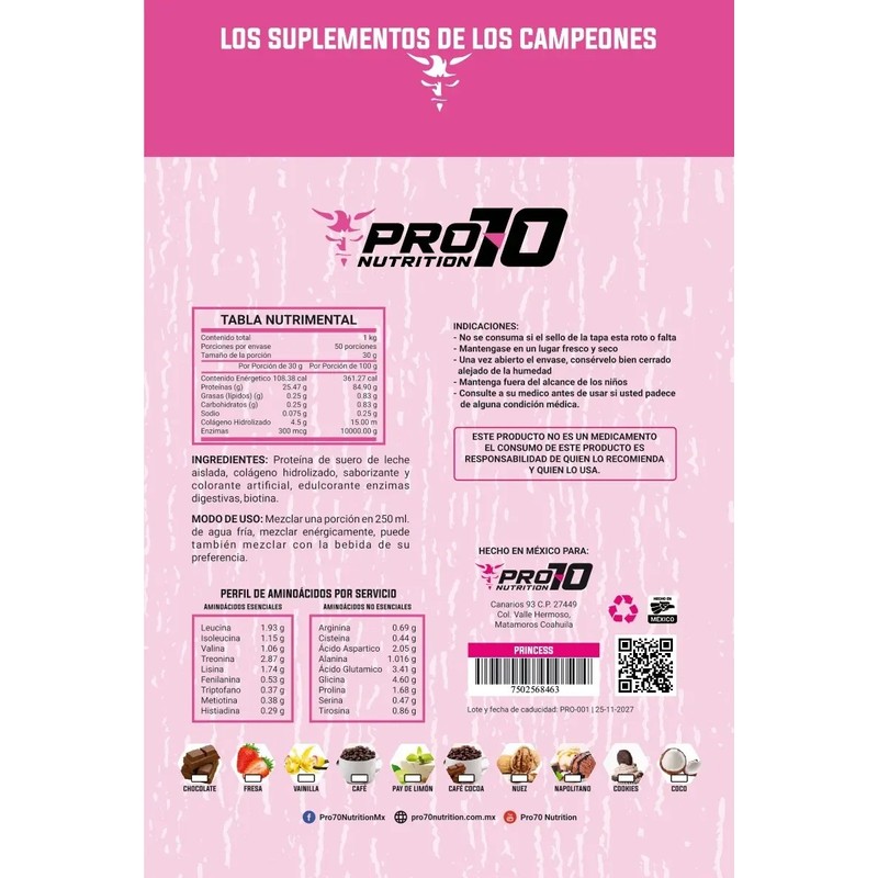 Princess Whey Protein Pro70 Nutrition 1 Kg 33 Servicios