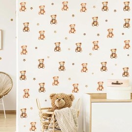 YIMEHDAN Watercolor Brown Bear Wall Decal, Lovely Bear Stars Vinyl Wall Stickers, Removable Bearly Wait Baby Shower Artwork Kids Bedroom Playroom Nursery Decor