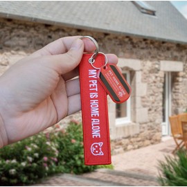 WINGKIND My Pet is Home Alone Embroidered Canvas Keychain & Pet Home Alone Alert Key Tag Keychain with Emergency Contact Wallet Card