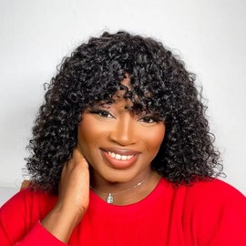 Glueless Black Short Curly Human Hair Wigs with Bangs Wear and Go Full Machine Made 180% Density Bob Wigs for Woman Natural Black None Lace Front Wigs Human Hair:_10 Inch_Black