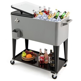 Giantex 80 Quart Rolling Patio Cooler Cart with Bottom Storage Shelf & Drain, Outdoor Ice Chest with Lockable Wheels, Bottle Opener & Cap Catcher, for Party Poolside Backyard BBQ (Gray + Black)