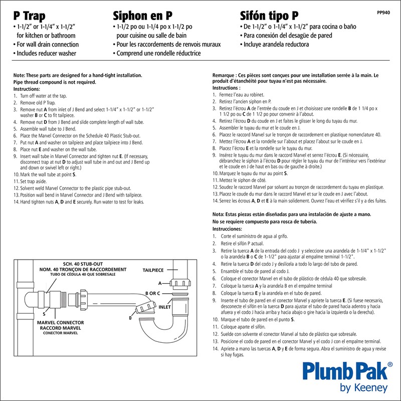 Plumb Pak PP940W PlumPak P-Trap, 1-1/4 X 1-1/2 in, Plastic,