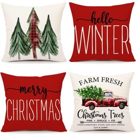 ALINK Christmas Pillow Covers 18x18 Set of 4 Farmhouse Christmas Decorations Merry Christmas Tree Truck Hello Winter Holiday Decor Throw Cushion Cases for Home Couch (Red)