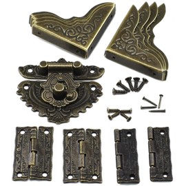 Antique Engraved Latch Hasp Hinges Box Corner Protectors with Screws Kit Embossing European Gothic Style for Jewelry Wood Cases Repairing and Decoration