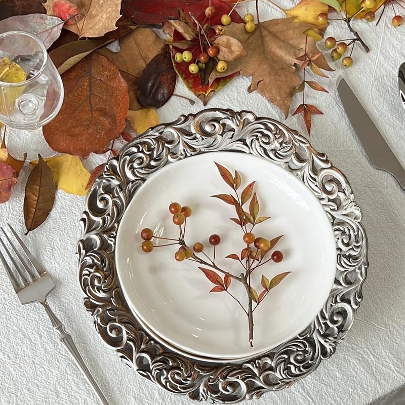 Umisriro Antique Silver Charger Plates Embossed Rim, 13 Inch Dinner