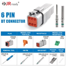 JRready ST6328-6 Deutsch DT Series Connector 5 Kit 6 Pin Way,14-20 AWG Waterproof Electrical Wire Connector,Connector Removal Tool DRK-RT1B with Deutsch 16 Solid Contacts (5 Kits,6 Pin)