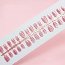 30Pcs Gradient Cat Eye Press on Nails New Year Cat Eye False Nails Glossy Pink Ombre Acrylic Fake Nails Gel Glue on Nails for Manicure Firework Stick on Short Coffin Nails for Coquette Women Girls