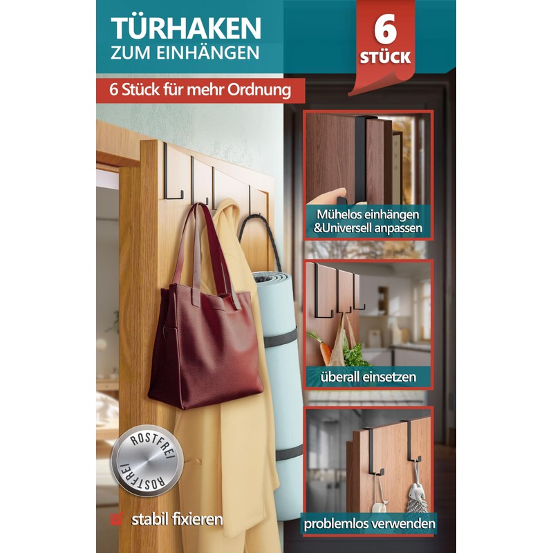 4smile Door Hooks for Hanging, Black, Pack of 6 Clothes