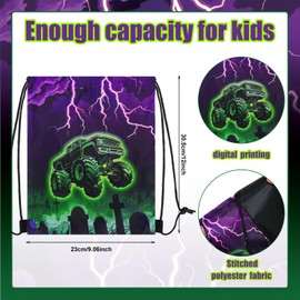Yeyeplum 24 Pieces Monster Truck Party Drawstring Bags Kids Green Purple Trucks Birthday Party Gift Bag Grave Backpack Candy Goodie Favor Bags for Racing Car Party Decoration Supplies