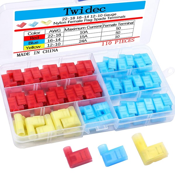 Twidec/110Pcs Nylon Flag Spade Female Insulated Terminals 22-18 18-14 12-10 Gauge Quick Disconnects Electrical Crimp Terminals Connector Assortment Kit for Electrical Wiring Car Audio Speaker N-006