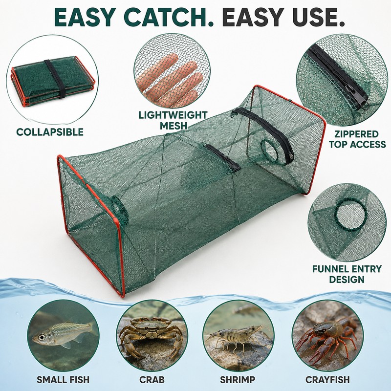 Collapsible Fish Trap for Outdoor Fishing - Portable Mesh Fish