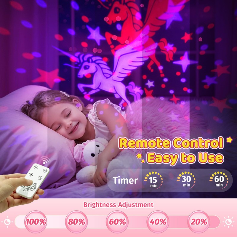 PIKOY Night Light for Kids, 90 Modes+6 Films+Dimmer+Timer+Remote Kids Night
