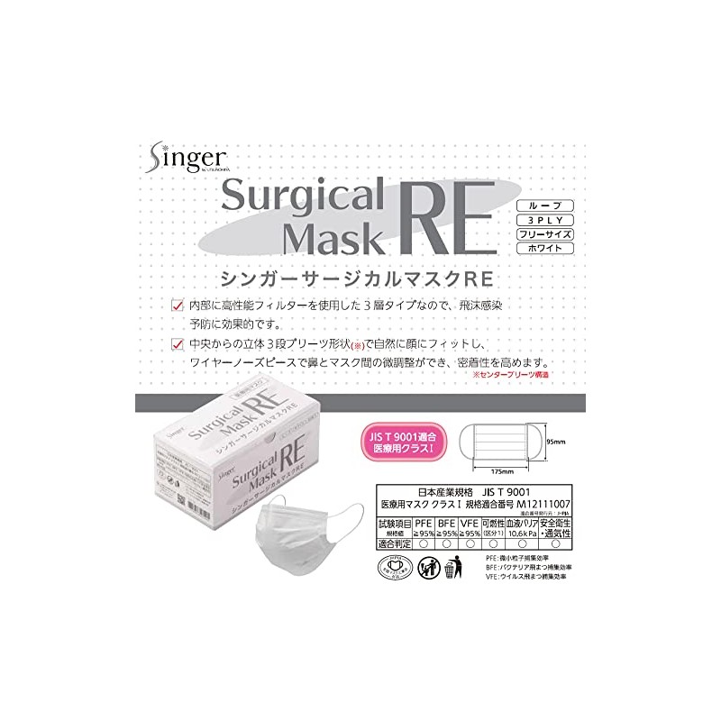 Utsunomiya Seisaku Singer Surgical Masks RE, White, 50-count RE3ELR-WB