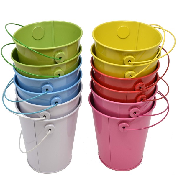 12 Mini Tin Metal Pail Buckets 4.125" in Assorted Colored Easter Small Pails with Handles for Party Favors Candy Centerpieces or Garden Includes 2 of 6 Colors Red Yellow Green Blue White and Pink