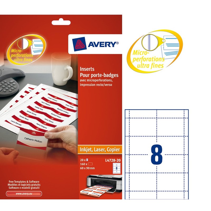 Avery L4728-20 Printable Name Badge Insert Refills (90 x 60
