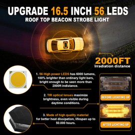 ASPL 16.5 Inch Roof Top Beacon Emergency Strobe Light 56 LED Magnetic Warning Caution lights bar Traffic Hazard Plow Light for Trucks Vehicles Construction Snowplow (Amber)