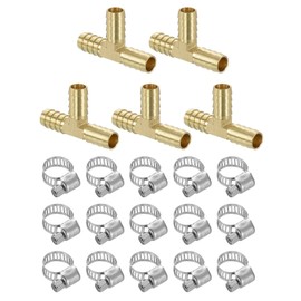 sourcing map 2pcs Brass Tee Barb Fittings, 3-Ways Tee 1/2" x 1/2" x 1/2" Barbed Hose Reducer, Tee Brass Barb Fitting Reducer with 6pcs Hose Clamps for Water Fuel Air