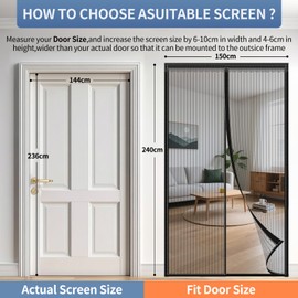DAWNTREES Magnetic Screen Door Screen 150x240cm Magnetic Closure, Heavy-Duty Mesh with Magnetic Closure Screen for Doorway Magnetic, Easy Install