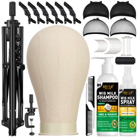 Wig Stand Tripod Metal Adjustable Mannequin Head Stand - Mannequin Wig Head with Mount Hole, Manikin Head for Wigs Making, Drying, Styling and Display - Wigs Shampoo & Milk Spray T Pins Hair Cap Set