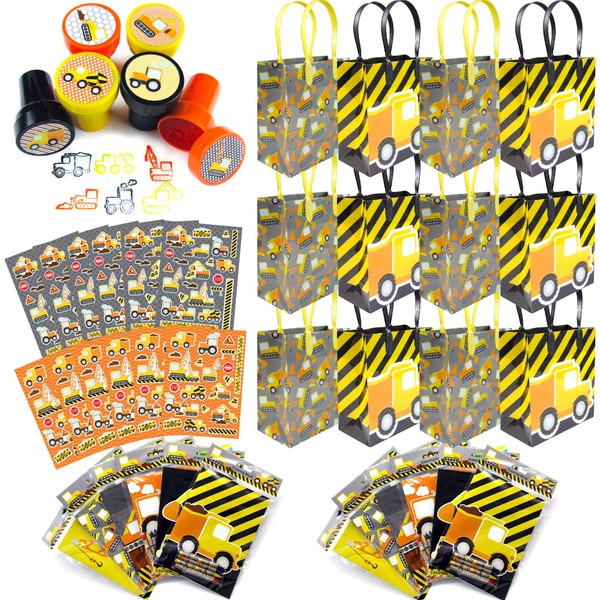 TINYMILLS Construction Truck Birthday Party Favor Set of 108 pcs (12 Party Favor Bags with Handles, 24 Stamps, 12 Sticker Sheets, 12 Coloring Books , 48 Crayons) Garbage Dump Truck Party Supplies