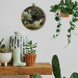 Hiuwevt Vintage Garden Round Wall Art Decor, Rustic Botanical Floral Framed Canvas Prints, Retro French Country Round Wall Hanging Decor for Living Room Home Decorations, 10x10 Inches