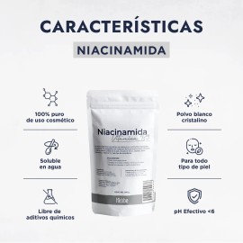 Niacinamida Niacina Cosmetico Facial, Vitamina B3 Pura, Tipo de piel Grasa, Anti-manchas Hebbe Cosmetics & Ludika 250g
