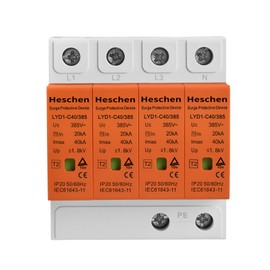 Heschen Surge Protective Device, LYD1-C40/385, 4P 385V 20KA Fire-Proof, Low-Voltage Arrester, 35mm DIN Rail Mounting