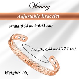 Vicmag Copper Magnetic Bracelet for Women 99.99% Solid Pure Copper Ultra Strength Magnets Adjustable Size with Gift Box (Flower Rose Gold)