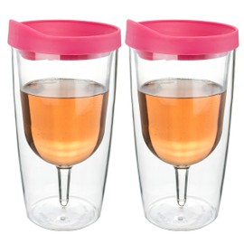 Southern Homewares Wine Tumbler 10oz Insulated Vino Double Wall Acrylic With Pink Drink Through Lid Wine 2Go Set of 2